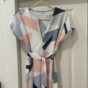 Chic Abstract Midi Dress in Pink, Blue, and White